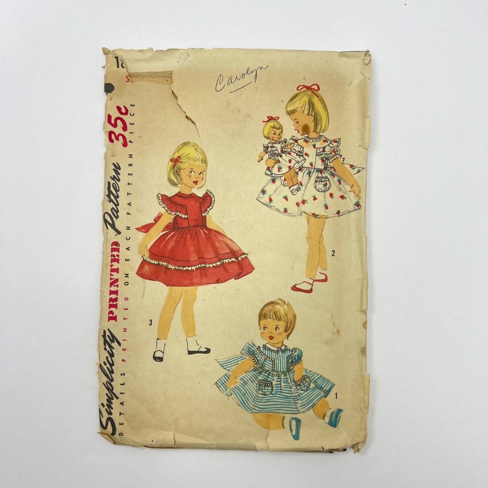 Vintage 50s Simplicity Toddler Dress Matching Doll Dress Sewing Pattern 1827